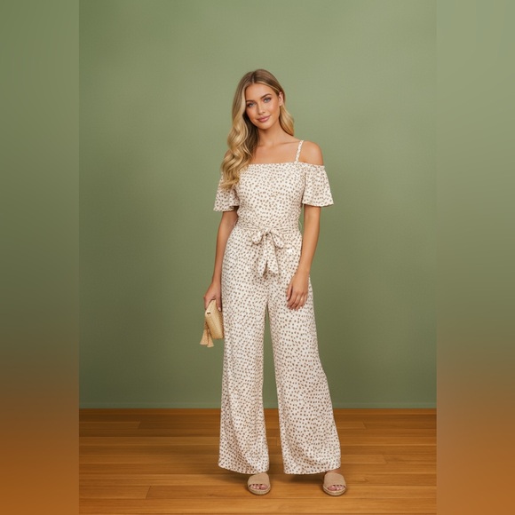 Mandalay and Company Pants - VENETIAN BLOOM OFF SHOULDER WHITE FLORAL TIE BELT JUMPSUIT